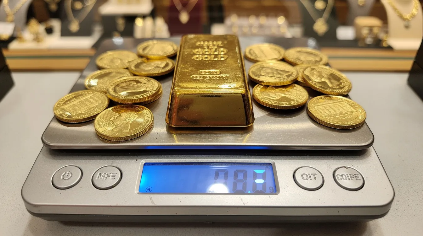 Auf der Feinwaage in einer Goldhandlung liegen mehrere glänzende Goldmünzen und ein schwerer Goldbarren, die als wertvolle Geldanlage und Absicherung gegen Inflation dienen. Die Szene verdeutlicht das Thema Gold investieren und die Bedeutung von physischem Gold in der heutigen Finanzwelt.