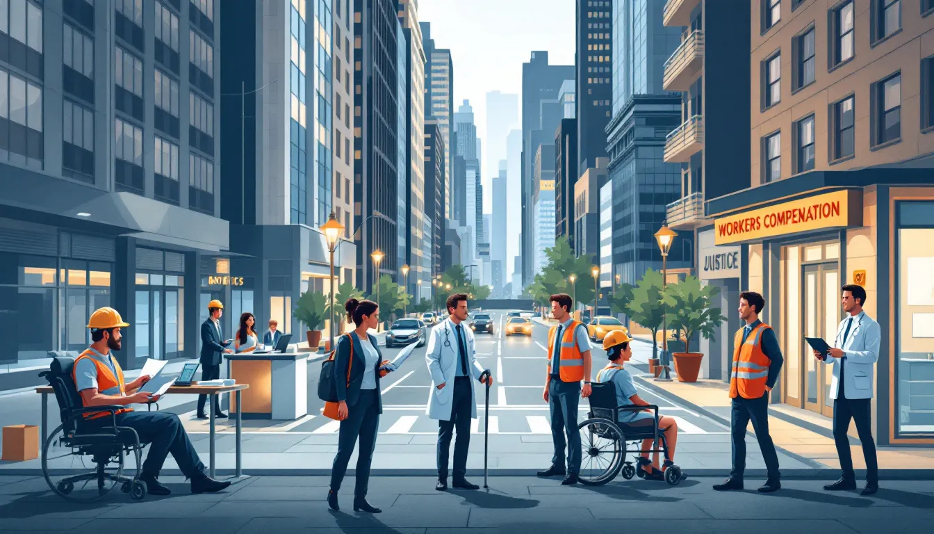 An illustration showing various aspects of workers compensation coverage.