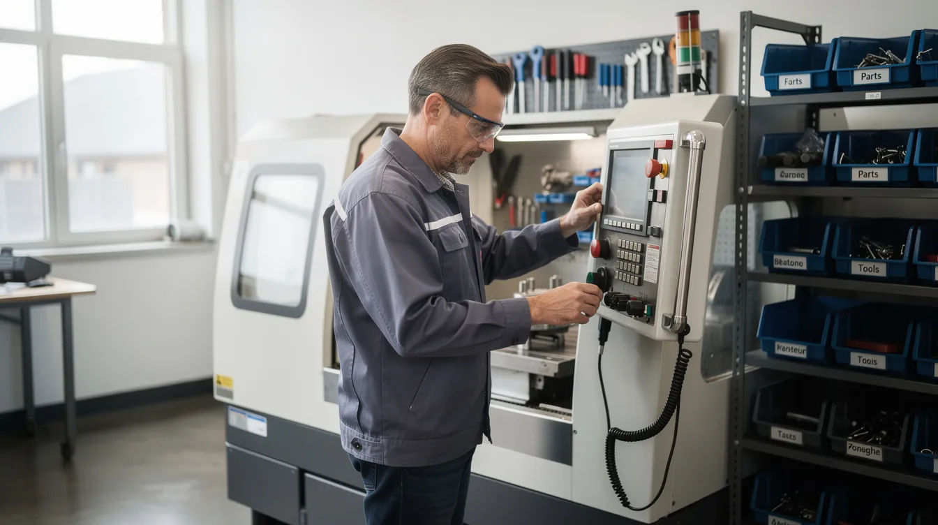 A small workshop owner is focused on assembling manufacturing equipment in a clean and organized workspace, showcasing their entrepreneurial spirit in the micro enterprise sector. This environment reflects the dedication required for success, especially for those seeking financial assistance through schemes like the Mudra loans to expand their business.