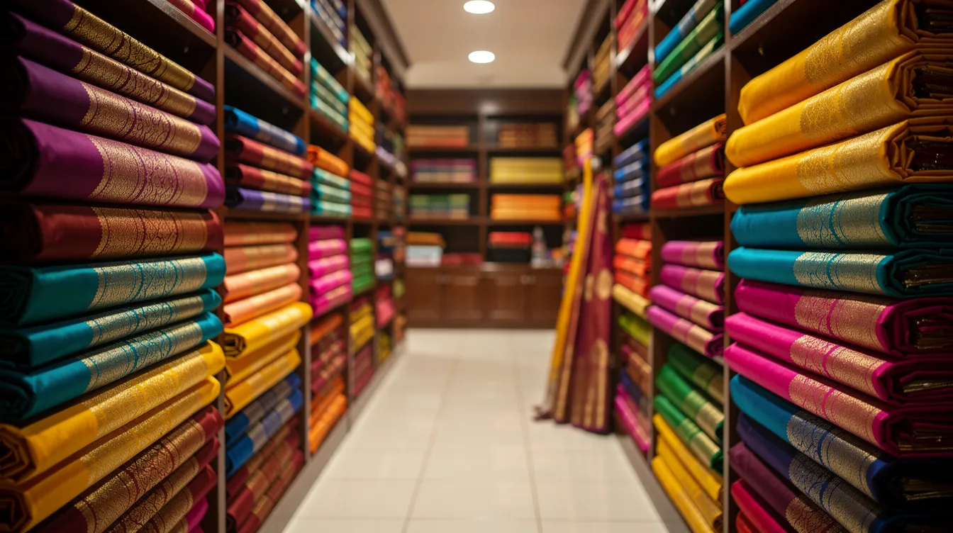 9e0a9619 221d 4545 9761 5525ef2d7130 The image features a vibrant display of colorful silk and cotton sarees neatly arranged on wooden shelves in a textile shop, showcasing a diverse saree collection that reflects Indian culture and fashion trends. This inviting setup highlights the potential for a successful saree business, appealing to customers seeking high-quality sarees for special occasions.