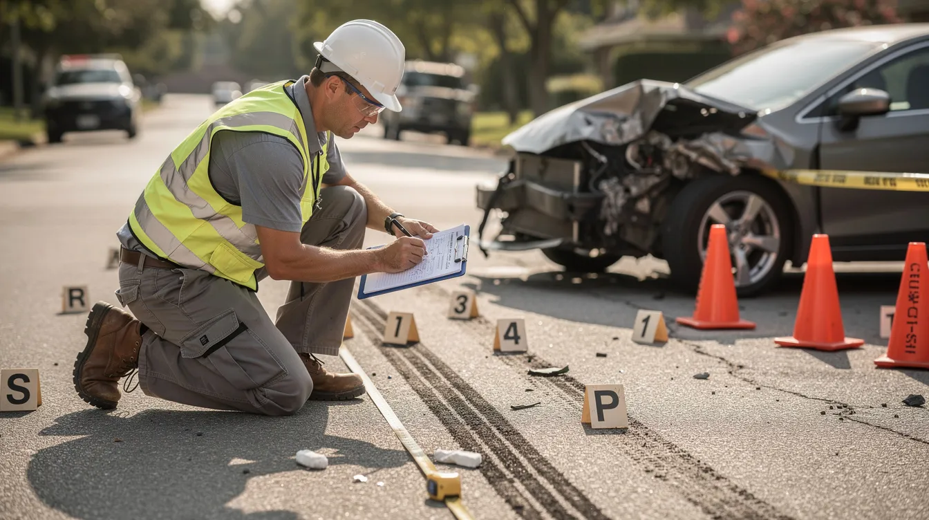 An accident reconstruction specialist is meticulously examining a crash site, measuring skid marks on the asphalt while taking notes on a clipboard, with a damaged vehicle in the background. This scene captures the investigative atmosphere often present in car accident cases, highlighting the importance of thorough analysis in personal injury claims and the role of experienced car accident attorneys in Everett, WA.