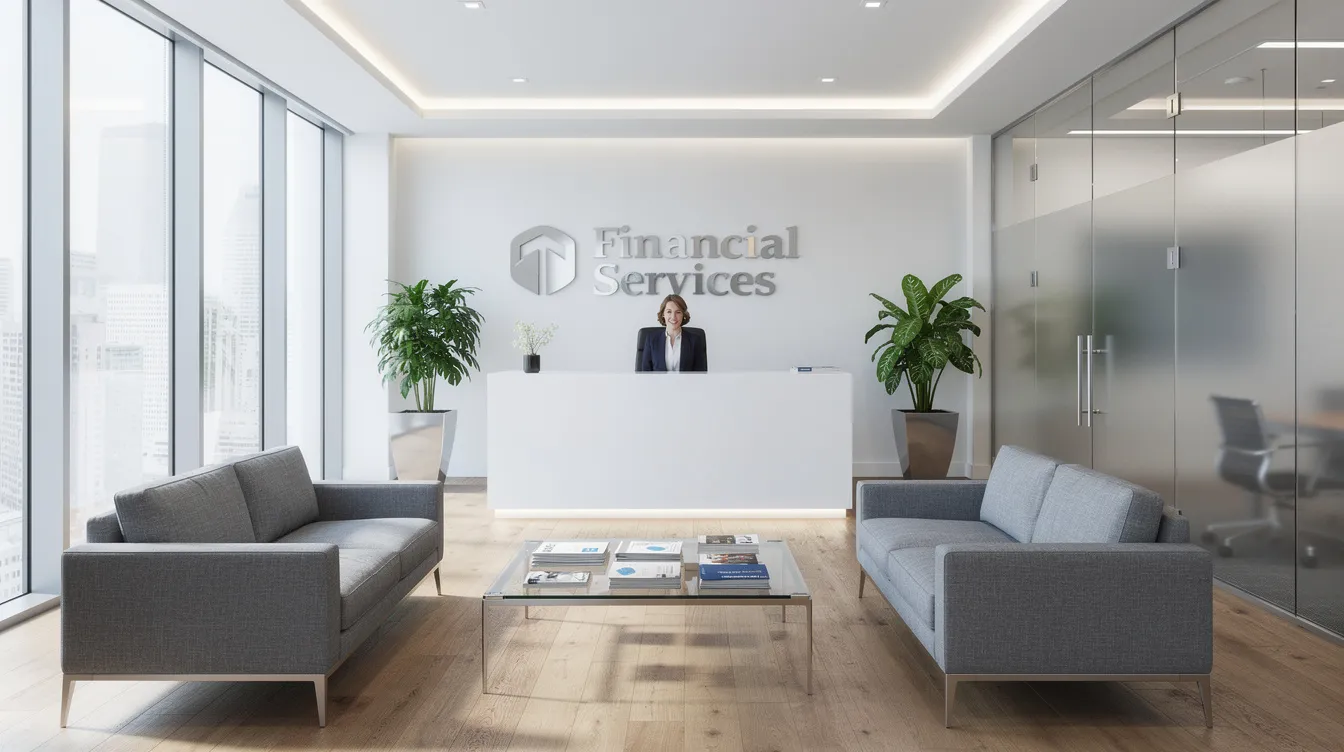 The image depicts a modern and bright office reception area, designed for a professional financial services environment, featuring sleek furniture and a welcoming atmosphere. This space symbolizes the essence of a 二線 財務 公司, providing a comfortable setting for clients seeking various financial services, including 二線 清 數 貸款 and other financial solutions.
