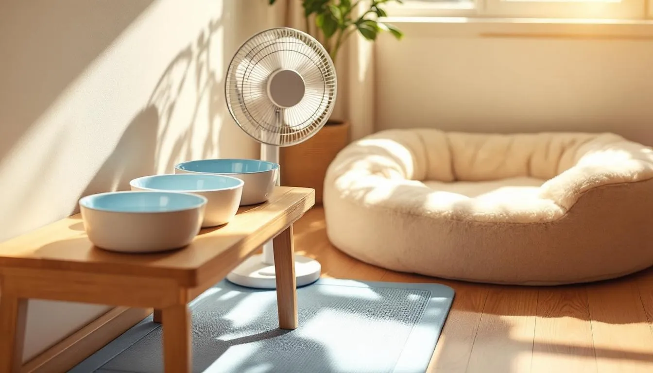 A cozy indoor space features multiple water bowls filled with fresh, cool water, a cooling mat for comfort, and a fan providing a gentle breeze near a dog