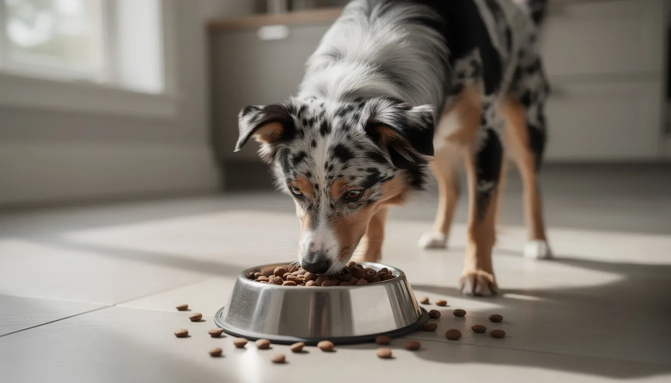 A blue merle Koolie, a medium-sized working breed known for its herding instincts, is happily eating high-quality dog kibble from a stainless steel bowl. The dog displays its vibrant coat and energetic demeanor, embodying the characteristics of a healthy Australian Koolie.