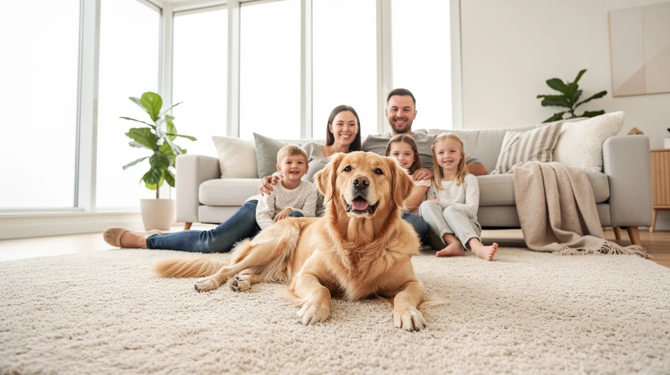 A family is enjoying time together with their golden retriever on a clean carpet in a bright, modern living room, showcasing the results of professional carpet cleaning. The fresh and inviting space highlights the importance of maintaining carpet fibers through routine maintenance and the use of effective cleaning methods.