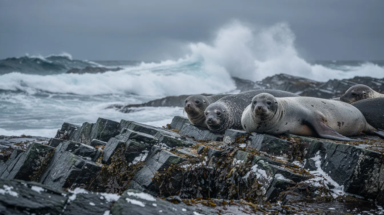 Op de koude rotskust liggen verschillende zeehonden, terwijl de ruwe zee op de achtergrond tegen de rotsen beukt. De scène roept een gevoel van natuur en rust op, ondanks de stormachtige omstandigheden.