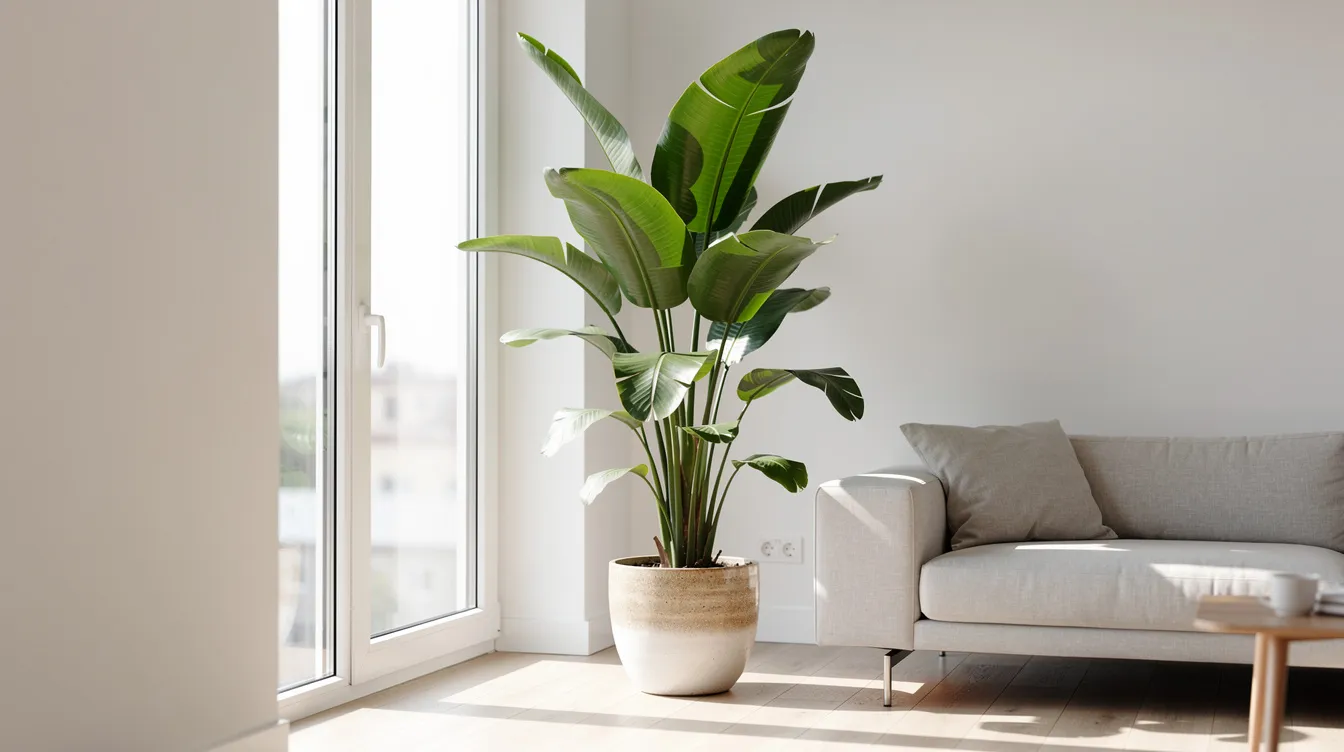 Eine große Zimmerpflanze steht neben einem Fenster in einem modernen Wohnzimmer, das mit stilvollen Möbeln und sanften Farben dekoriert ist. Die Pflanze bringt Leben und Frische in den Raum und schafft eine gemütliche Atmosphäre.