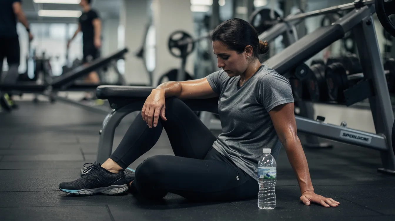 An individual is resting on a gym bench after an intense training session, with a water bottle placed beside them, signifying a focus on hydration for muscle recovery. This scene highlights the importance of proper supplementation, like creatine, to enhance muscle growth and improve exercise performance.