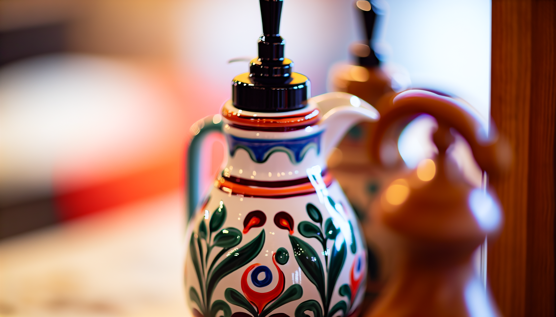 A close-up of a hand-painted oil and vinegar dispenser showcasing intricate detailing