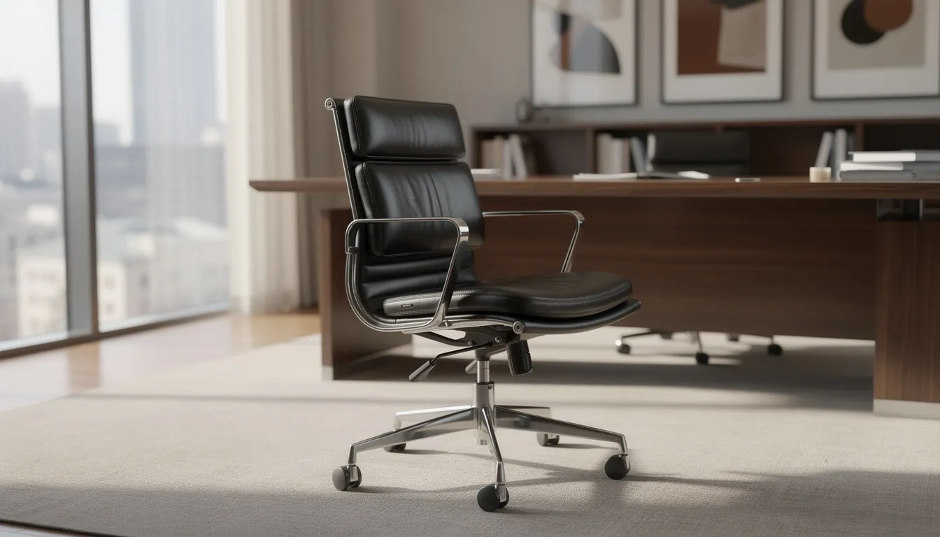 De beste keuze voor jouw werkplek: Vitra bureaustoel Een klassieke aluminium bureaustoel met leren bekleding staat in een stijlvolle kantooromgeving. Deze vitra bureaustoel, met hoge rugleuning en armleuningen, biedt een prachtig design en optimale houding voor een dynamische zitervaring.