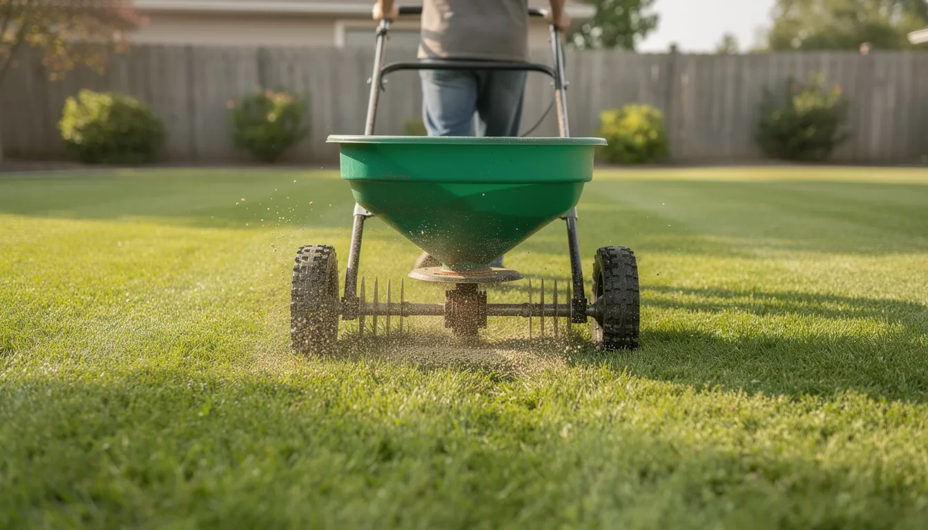 The image shows a rotary lawn spreader being pushed across a lush green lawn, distributing granular fertiliser for healthy growth. This scene captures the essence of spring and summer lawn care, emphasizing the importance of lawn feed for maintaining a vibrant and well-nourished garden.