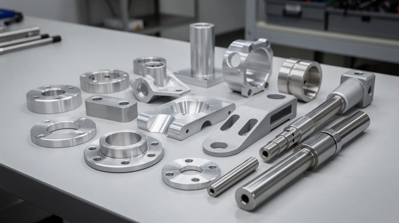 The image showcases a collection of precision CNC-machined aluminum and stainless steel parts, featuring various surface finishes, neatly arranged on a workbench. This display highlights the advanced capabilities of CNC technology and the intricate details achieved through modern manufacturing processes.