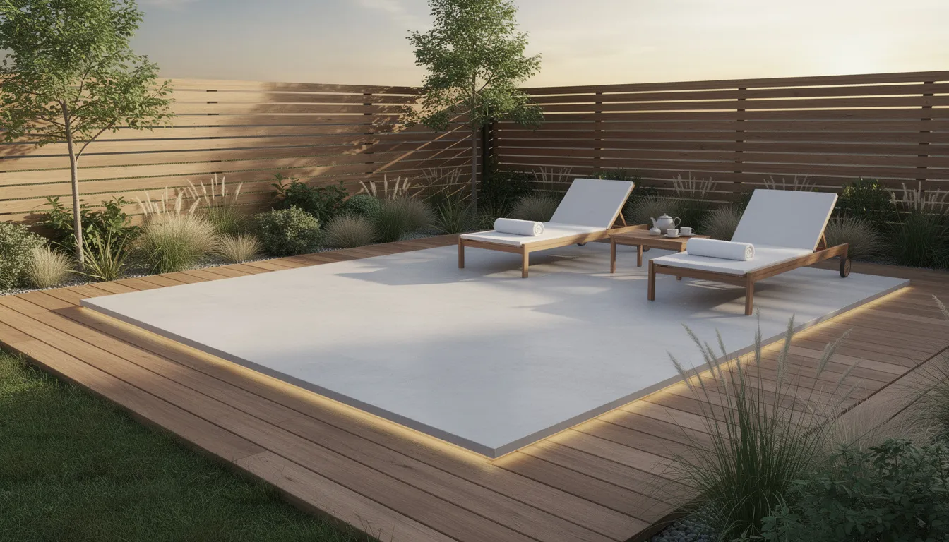 The image depicts a ground-level backyard wellness deck featuring a smooth concrete pad surrounded by wooden composite decking, creating a serene outdoor space ideal for relaxation. This backyard oasis includes built-in benches and a focal point for a cold plunge pool, enhancing the spa-like atmosphere perfect for well-being and mental resilience.