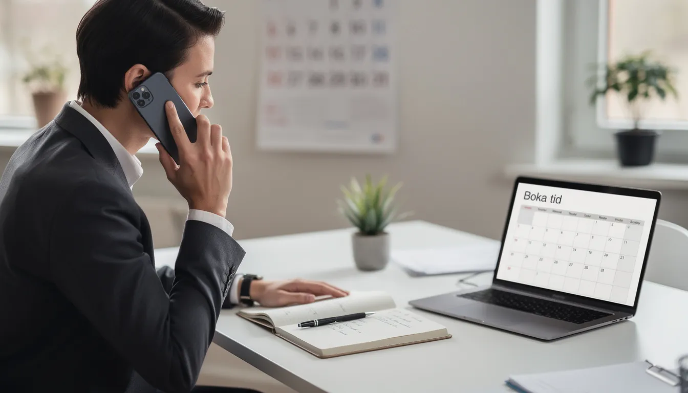 En person står i ett rum och pratar i telefon för att boka tid för en undersökning av ett eventuellt ljumskbråck. Samtalet kan handla om symtom och risker för inklämning, vilket är viktigt att diskutera innan eventuell operation.