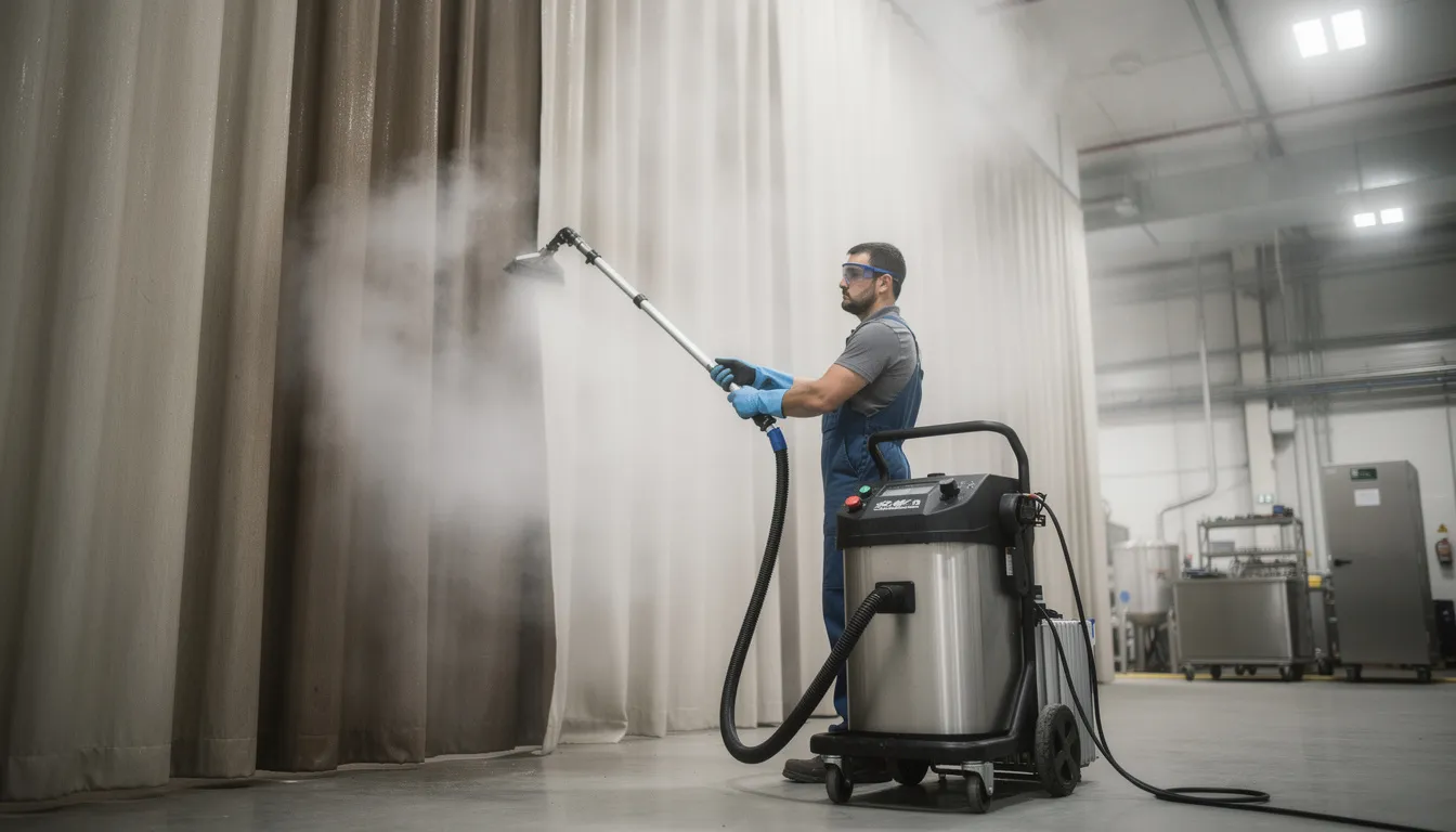 An industrial steam cleaning machine is actively being used on hanging drapery, showcasing the process of professional curtain cleaning. This method effectively removes dust and stubborn stains, ensuring clean curtains and improved indoor air quality.
