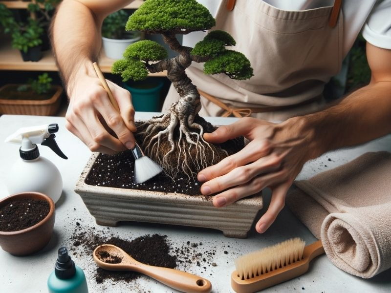 Bonsai tree undergoing a soil refreshment process.