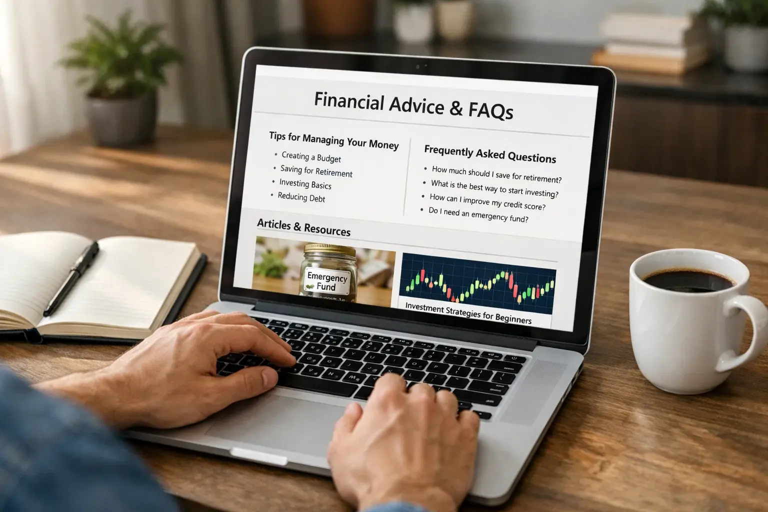 Person reading financial services SEO FAQ information on laptop