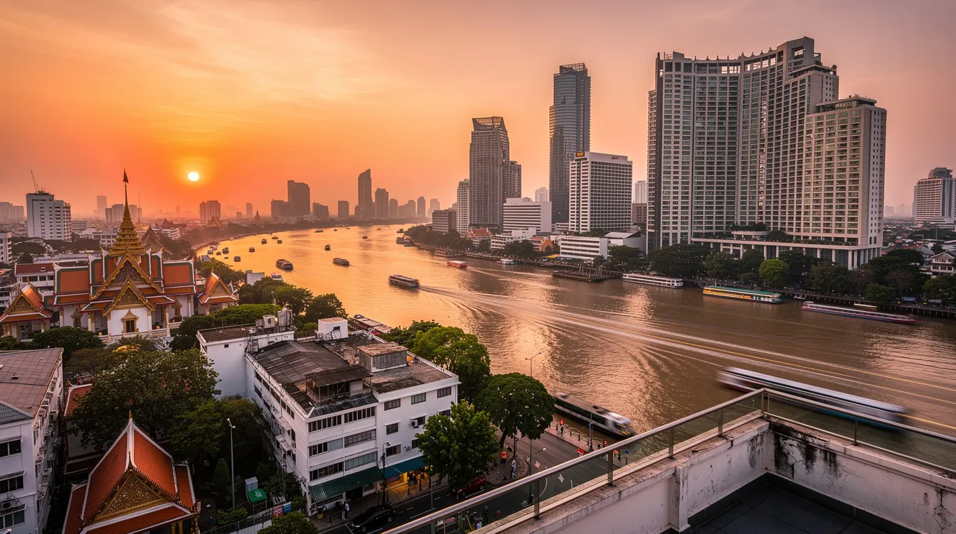 A imagem retrata uma vista deslumbrante de Bangkok, com seus arranha-céus modernos e templos tradicionais ao fundo, refletindo a rica cultura da Tailândia. A cena é complementada por um céu azul claro e a movimentação de turistas explorando a cidade, um dos principais destinos do mundo.