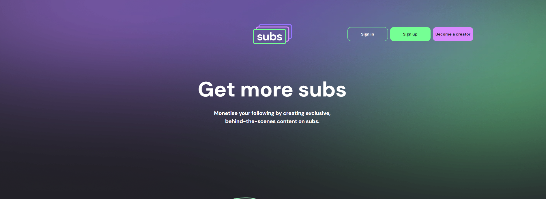 Subs homepage promoting content monetization with sign-up and creator options.