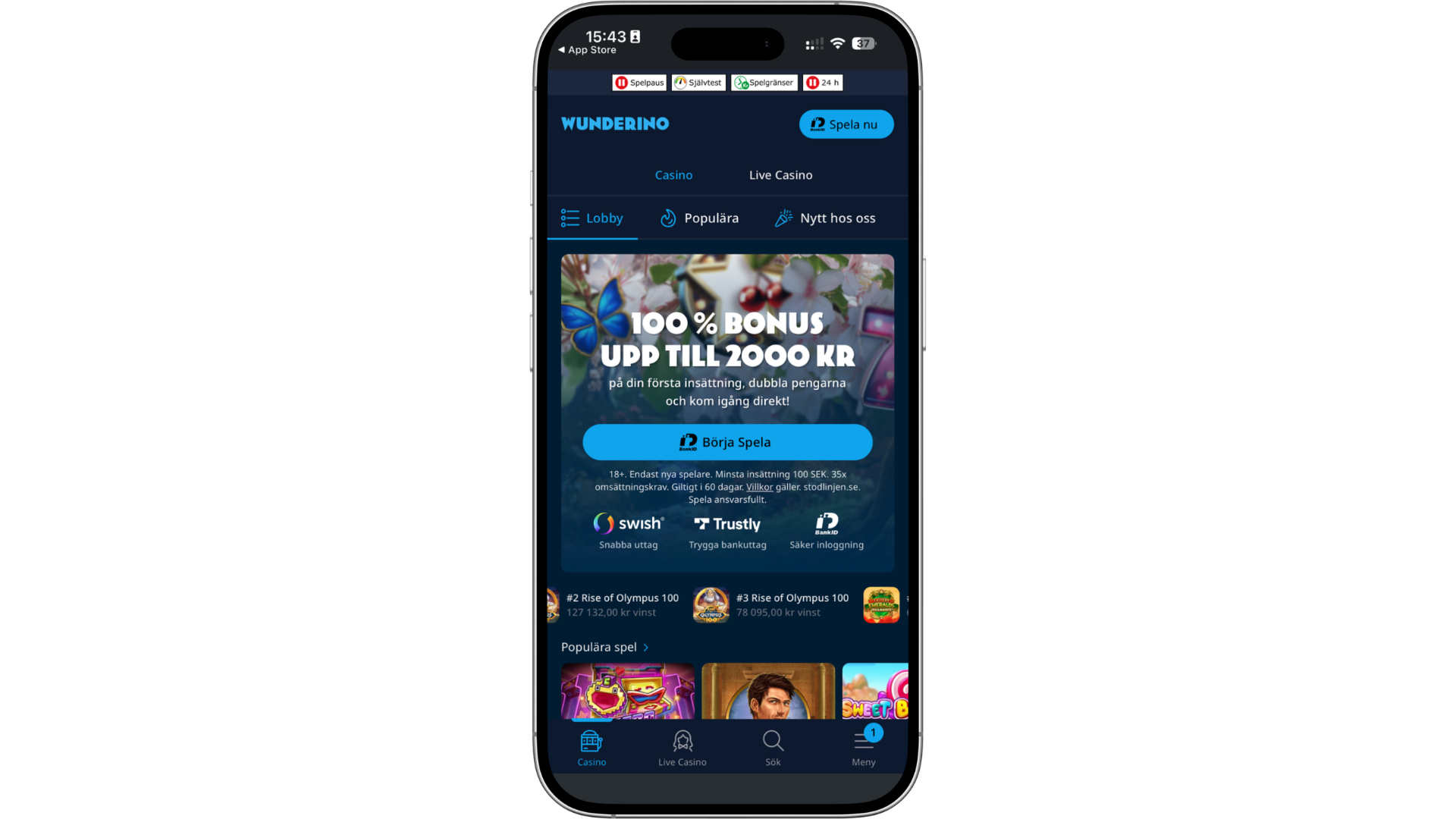 Mobilversion av Wunderino Casino som visar startsidan med bonus, spelkategorier och populära slots i appformat.