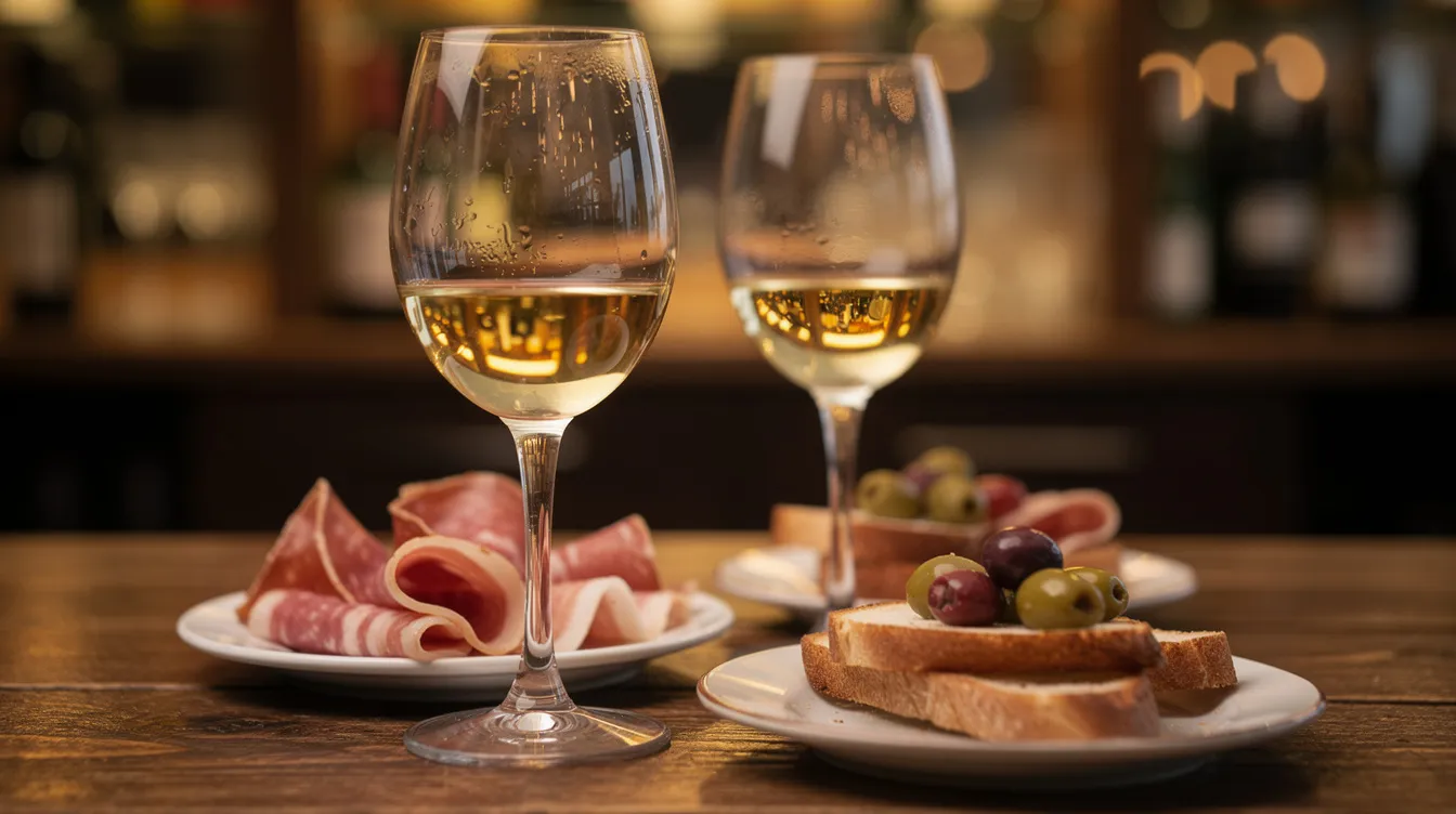 The image features two elegant wine glasses alongside small plates of tapas, including scallop gratin, on a rustic wooden bar counter. This cozy setting evokes a romantic evening atmosphere, perfect for a date night in one of Philadelphia's charming restaurants.