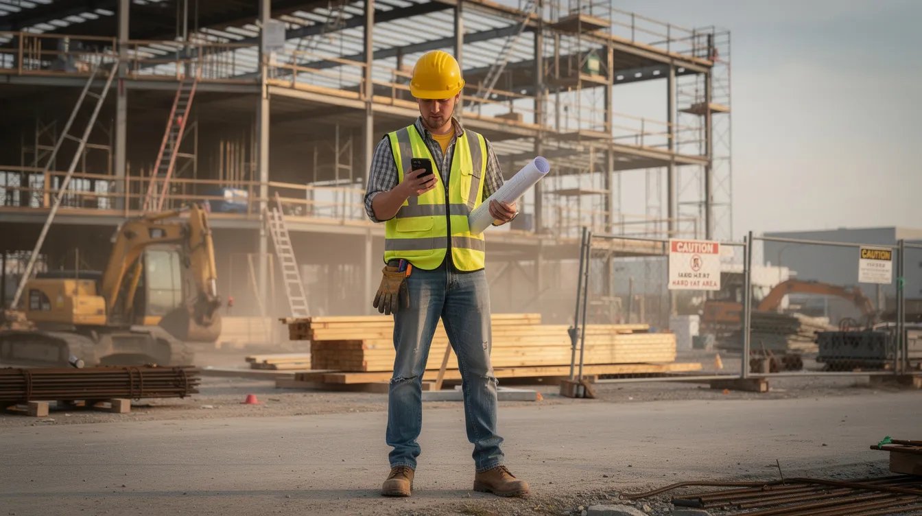 An apprentice is seen using a mobile phone at a job site, likely to track their on-the-job (OJT) hours and progress in their apprenticeship program. This use of management software supports their training and development, ensuring compliance and effective reporting for their organization.