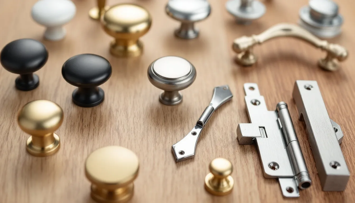 A collection of various cabinet hardware styles and finishes is displayed, showcasing an array of modern and traditional designs that can enhance kitchen cabinets and drawers. This assortment highlights different colors and textures, providing inspiration for homeowners planning a kitchen remodel to create their dream kitchen.
