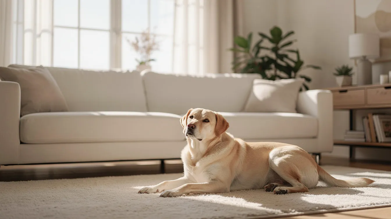 A relaxed dog is resting comfortably near a clean sofa in a bright living room, creating a cozy atmosphere free from tough pet odors. The space appears inviting and well-maintained, suggesting effective odor eliminators have been used to keep it fresh.