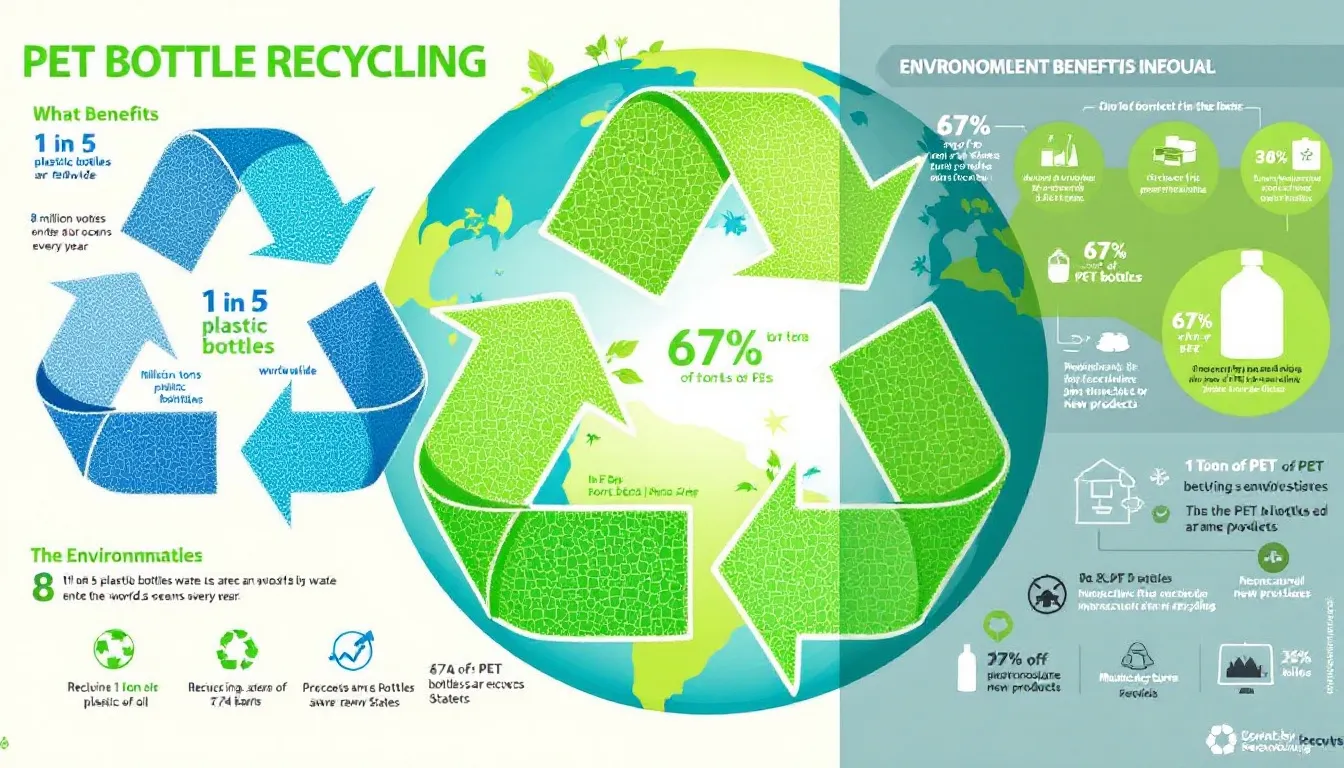Environmental benefits of PET bottle recycling showcased with visuals.