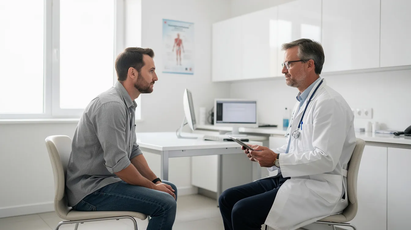 L'image montre une consultation médicale dans un cabinet moderne entre un médecin et un patient masculin, où ils discutent des taux de testostérone et de leurs effets sur la santé et la performance. Le médecin semble donner des conseils sur la supplémentation et les traitements hormonaux, tandis que le patient écoute attentivement.