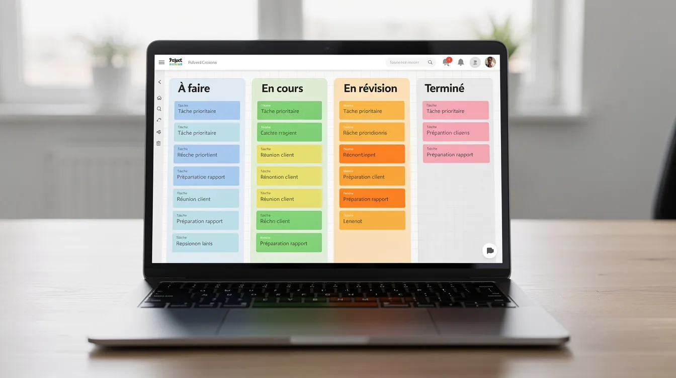 L'image montre un écran d'ordinateur avec un tableau de bord de gestion de projet, présentant des colonnes de tâches colorées qui permettent de visualiser l'avancement des projets. Cet outil favorise l'autonomie au travail des collaborateurs en facilitant la prise de décision et la gestion des tâches au sein de l'équipe.