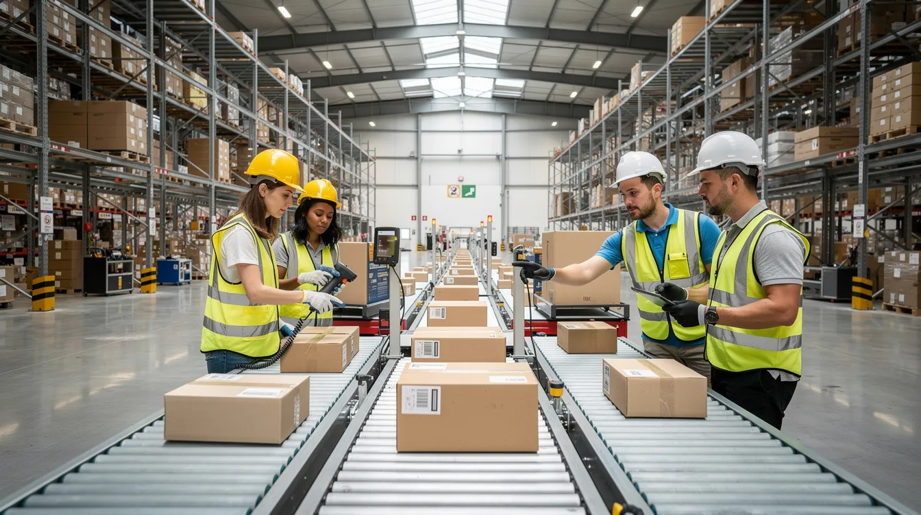 The image depicts warehouse workers collaborating around conveyor belts and packages in a modern distribution center, highlighting the dynamic behavior of complex systems as they efficiently manage the flow of information and goods. This teamwork illustrates effective communication and the integration of system components to enhance overall system performance in meeting business goals.