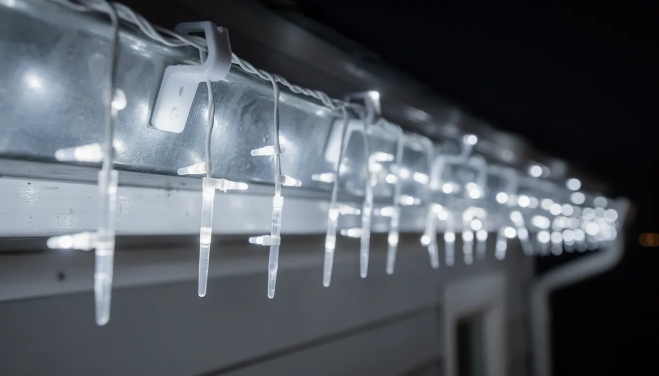 A close-up view of LED icicle lights elegantly installed along house gutters, secured with mounting clips, showcasing a festive display perfect for the Christmas season. These durable lights enhance the home's appearance, adding a magical touch to outdoor Christmas lights displays.