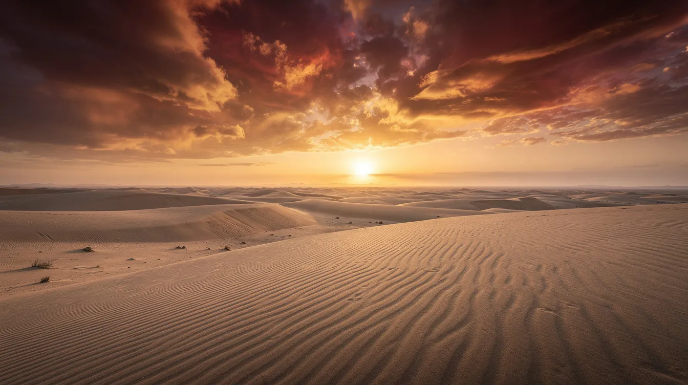The image depicts a vast desert landscape at dusk, featuring dramatic red and gold clouds hovering over the sand dunes, evoking a sense of spiritual significance and the beauty of God's creation. This serene scene reflects the biblical meaning of a new cycle, reminiscent of the promises made to Abraham and the authority of the Lord in the Old Testament.