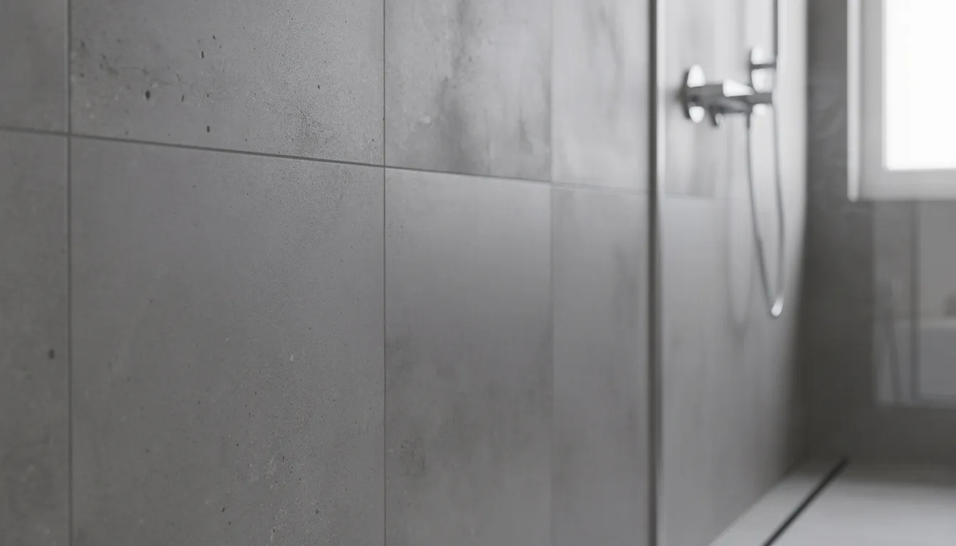Close-up van strakke grijze betonlook wandpanelen in een moderne inloopdouche, die een luxe uitstraling geven en perfect zijn voor vochtige ruimtes. Deze kunststof wandpanelen zijn volledig waterdicht en eenvoudig schoon te maken, wat ze ideaal maakt voor de badkamer.