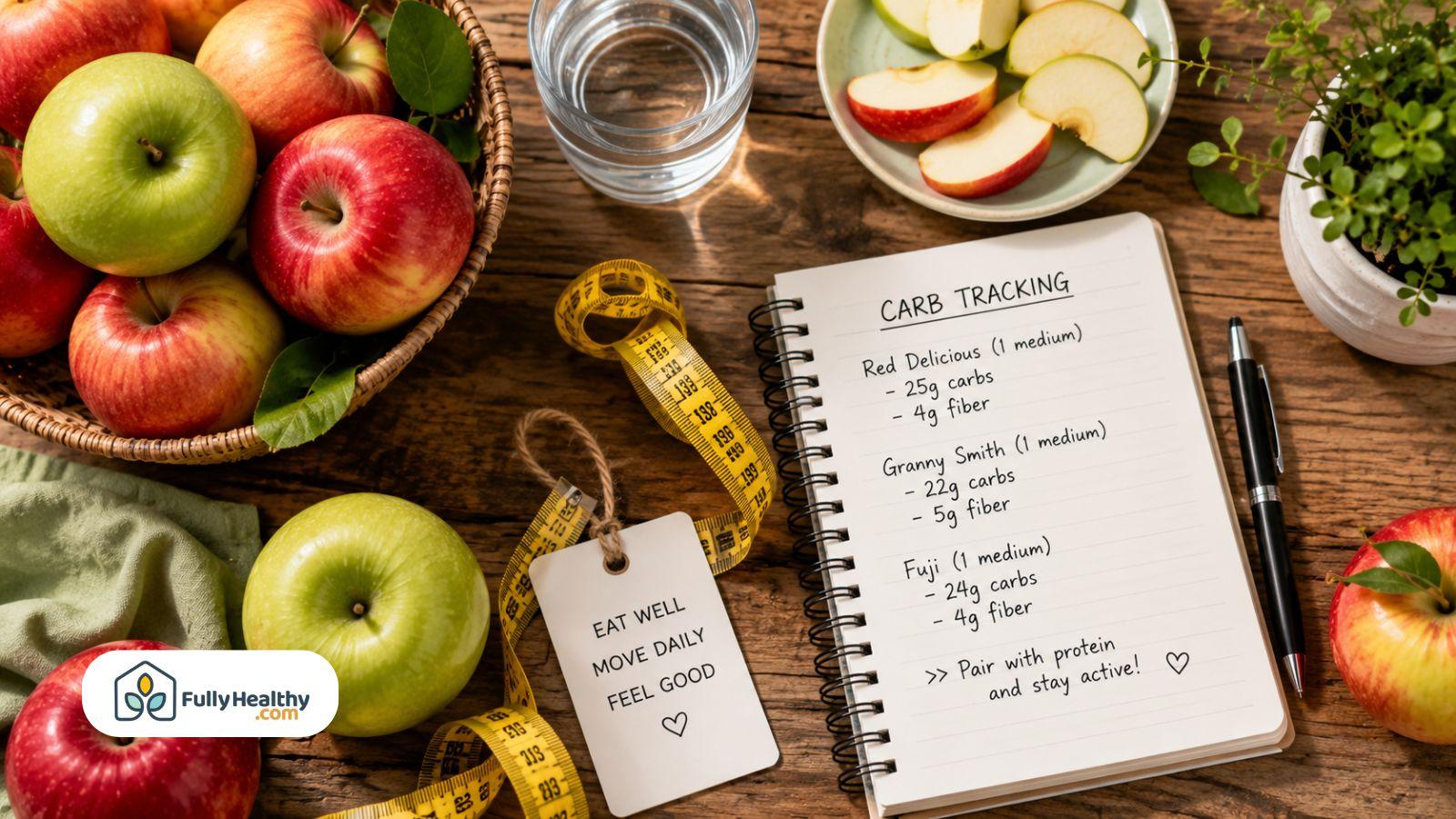 Apples with carb tracking notebook measuring tape and healthy eating reminders