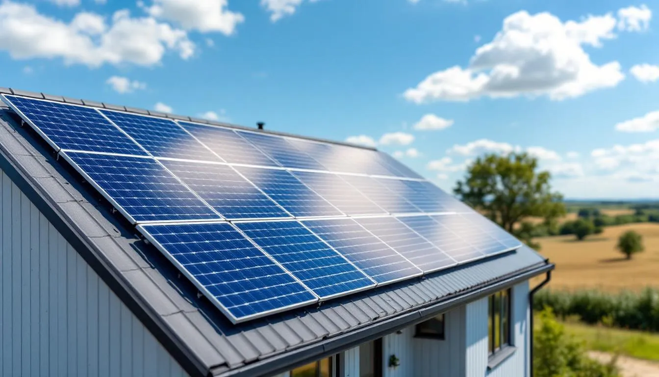 L'image montre une maison résidentielle équipée de panneaux solaires, avec un paysage rural verdoyant en arrière-plan. Cette installation d'énergie solaire met en avant les solutions durables pour la production d'électricité au Québec.