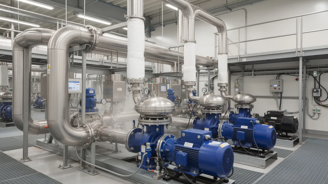9e2d1bc4 7cfe 4691 bb50 0467f6fc940f The image depicts an intricate network of water recycling pipes and industrial pumping systems at an ethanol manufacturing plant, highlighting the facility's commitment to zero liquid discharge and efficient wastewater treatment processes. This setup plays a critical role in ethanol production, ensuring that large quantities of process water are effectively managed for sustainable operations.
