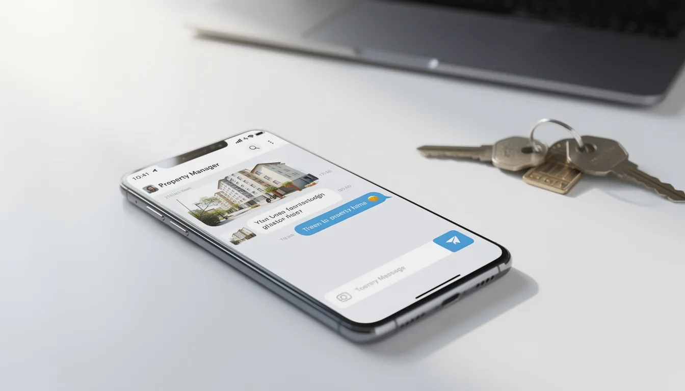 A modern smartphone screen showcases a property management app featuring a user-friendly messaging interface, designed for property managers to enhance tenant communication and streamline operations. The app facilitates essential functions such as submitting maintenance requests and tracking rent payments, crucial for effective property management and tenant satisfaction.