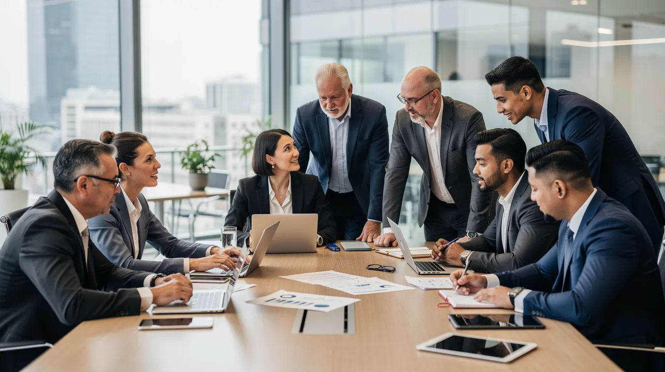 The image depicts a diverse team of professionals engaged in collaboration around a modern conference table, discussing strategies related to mass tort litigation and the entire legal intake process. Their focus on client satisfaction and effective case management highlights the importance of teamwork in handling mass tort cases and potential claims.