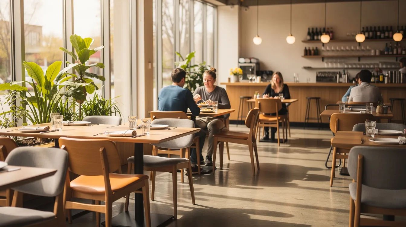 The image depicts a restaurant interior bathed in natural light streaming through large windows, creating a warm and inviting atmosphere for diners. The use of decorative window films enhances the visual appeal while providing UV protection and reducing glare, making it a comfortable environment for customers year-round.