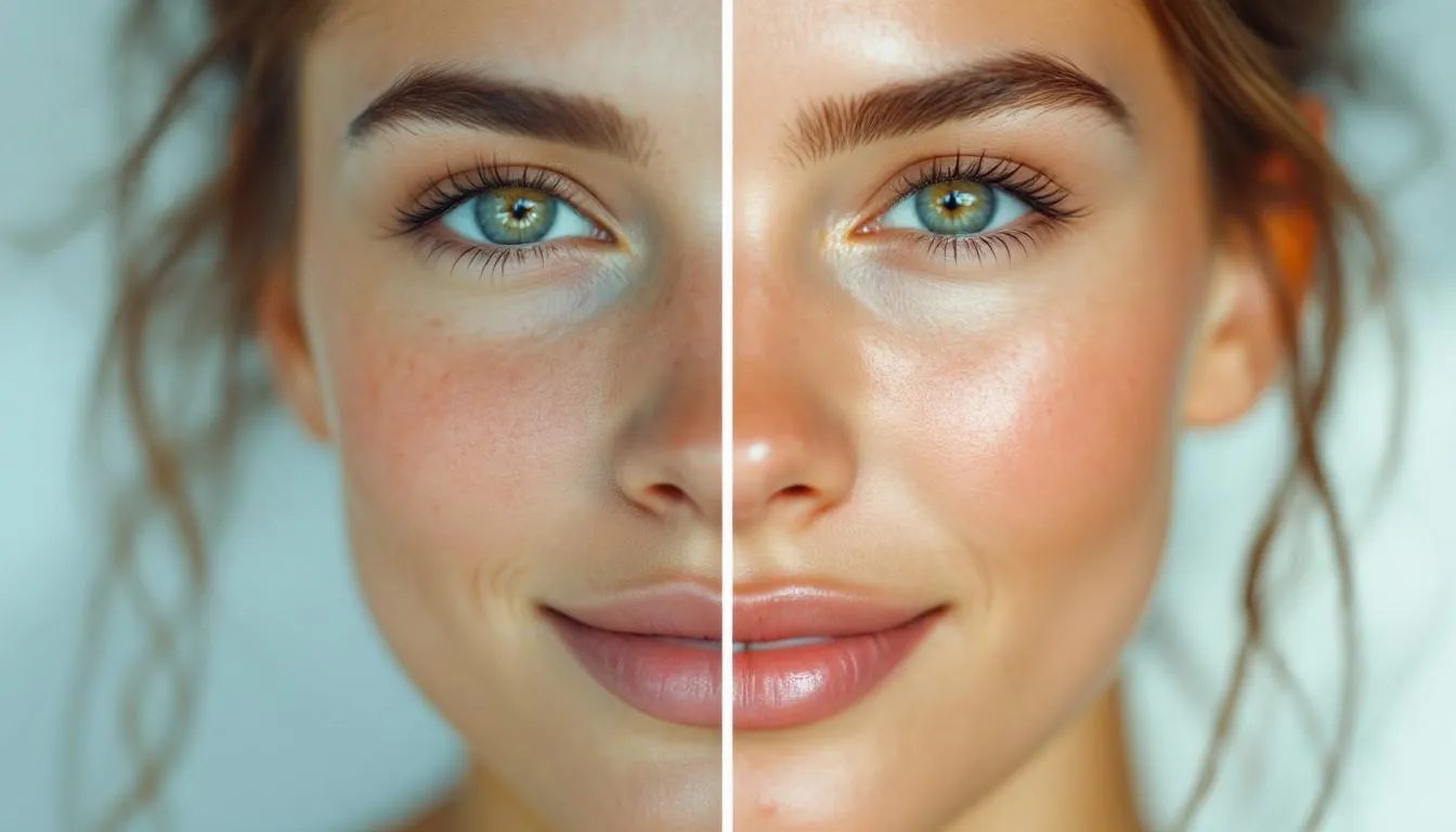 A before and after comparison of skin tone improvement due to long-term sauna use.