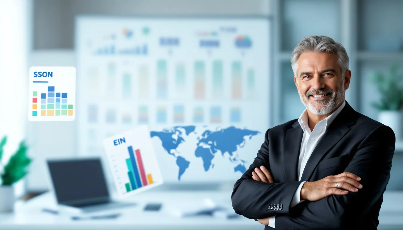 A business owner considering SSN and EIN options with a blurred financial document.