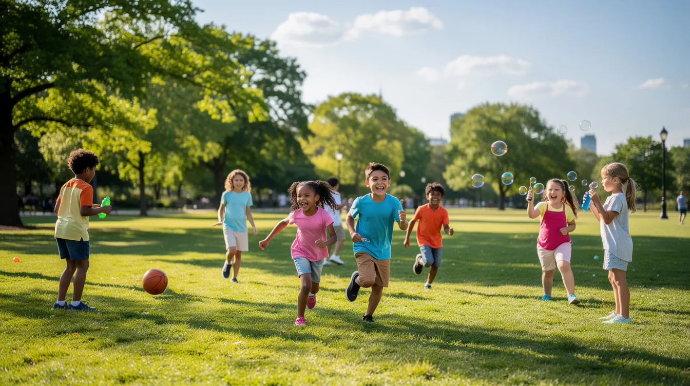 Een groep kinderen speelt vrolijk buiten in een park, omringd door groene bomen en in helder zonlicht. Dit soort activiteiten is belangrijk voor hun ontwikkeling, vooral omdat bijziendheid, zoals progressieve myopie, vaak voorkomt bij jonge kinderen die veel dichtbij kijken.