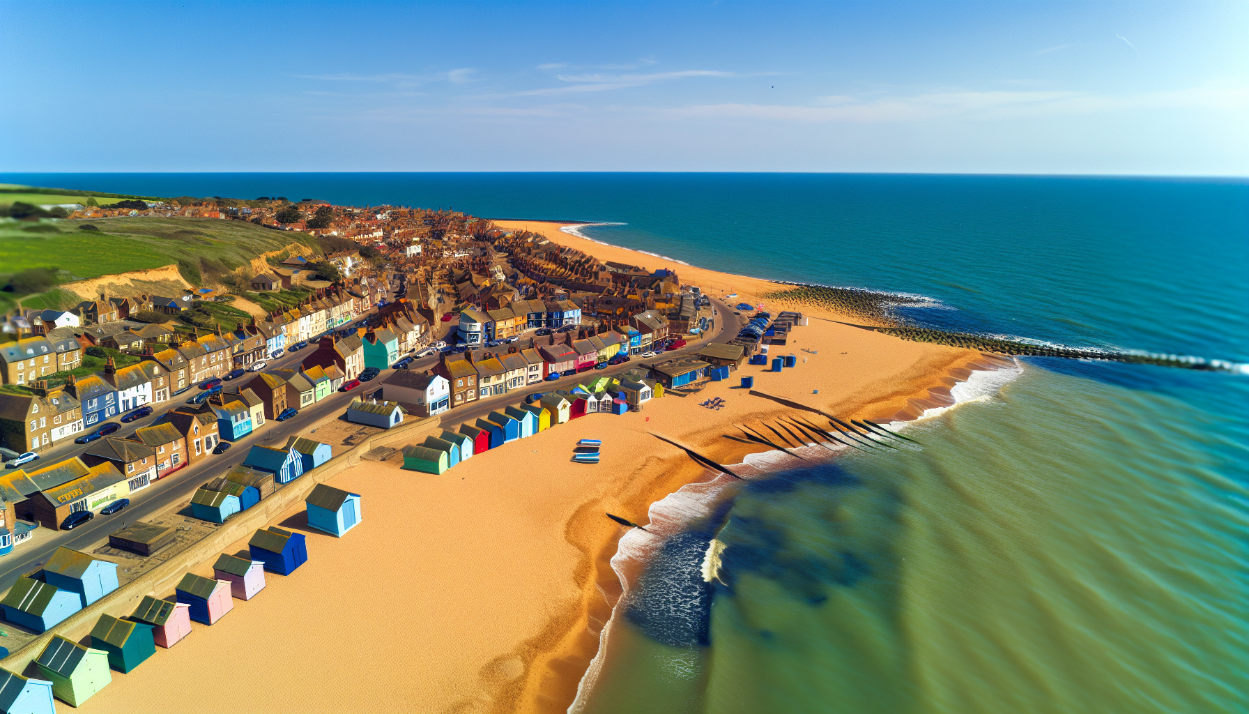 Aerial view of coastal town with sandy beaches and colorful beach huts