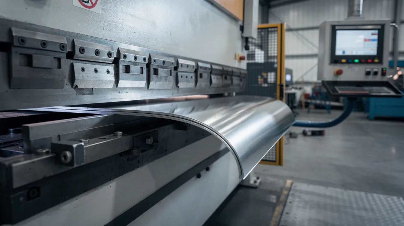 An industrial CNC press brake is shown forming a stainless steel sheet into a precise angle, illustrating the sheet metal fabrication process used to create custom metal components with high accuracy. The machine's precision highlights the capabilities of modern metal fabrication techniques in producing complex shapes and desired geometries.