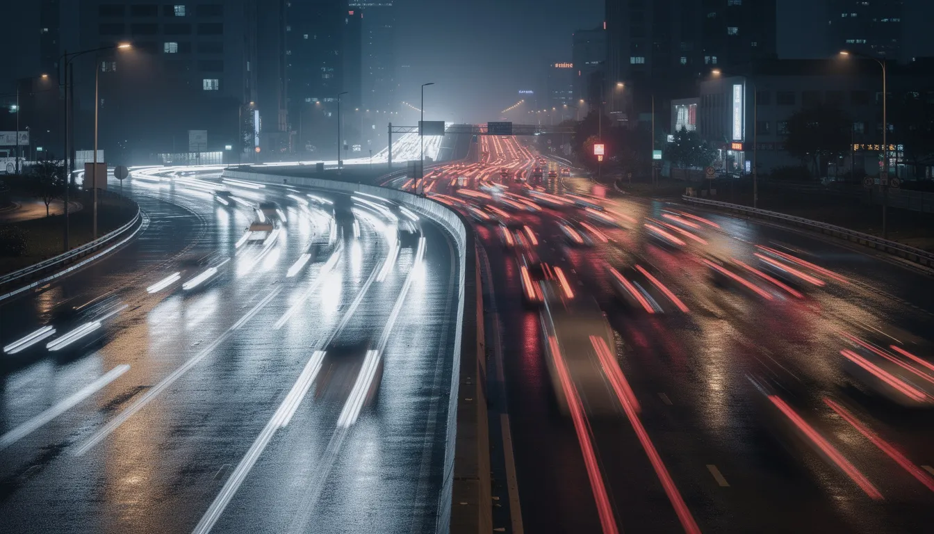 Das Bild zeigt einen nächtlichen Straßenverkehr, in dem Autos mit eingeschaltetem Scheinwerfer fahren. Die Szene verdeutlicht die Bedeutung von Regelungen und Grenzwerten im Straßenverkehr, insbesondere in Bezug auf den THC-Grenzwert und die Auswirkungen von Cannabis-Konsum auf die Fahrtüchtigkeit.