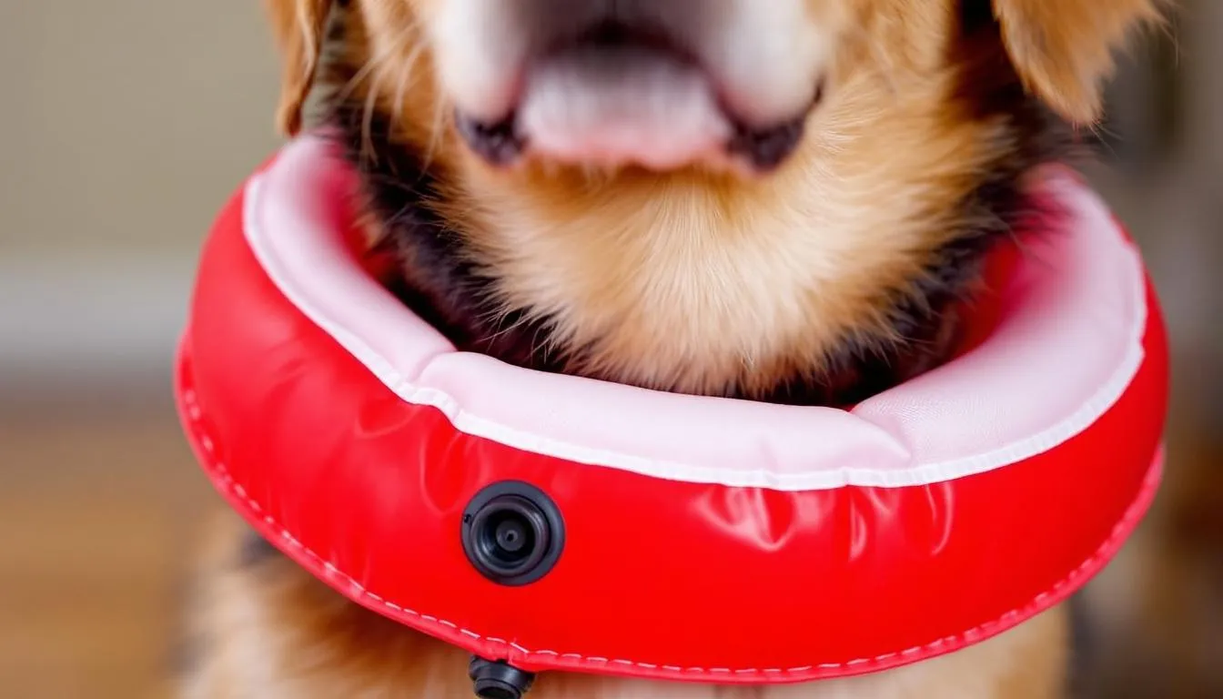 A close-up image shows an inflatable donut-style collar, also known as a comfy cone, secured around a dog