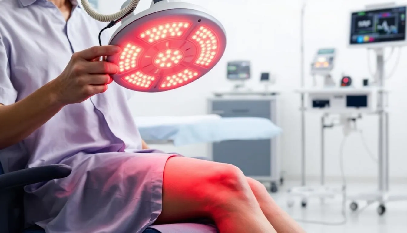 A person is receiving red light therapy treatment on their knee using a professional red light therapy device, aimed at providing pain relief and reducing inflammation associated with knee pain. The patient is wearing protective goggles as the device emits light to penetrate deeper into the tissues, promoting joint health and aiding in the recovery process.