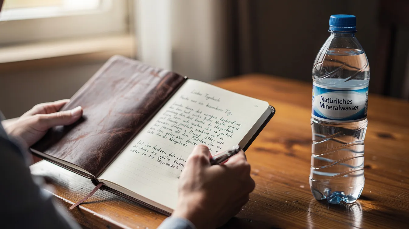 Eine Person sitzt an einem Tisch und schreibt in ihr Tagebuch, während neben ihr eine Wasserflasche steht. Der Raum wirkt gemütlich und einladend, ideal für persönliche Reflexionen und das Festhalten von Gedanken.